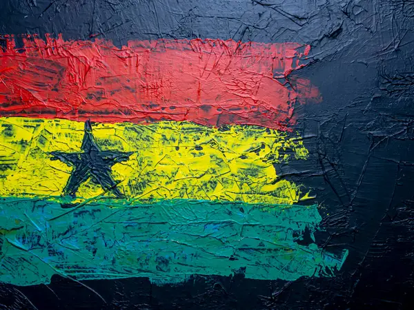 Gana. Fırça boyalı bayrak, Gana Cumhuriyeti 'nin el yapımı bayrağı. Donmuş suluboya Gana Cumhuriyeti bayrağını boyadı. Tablo üzerinde soyut akrilik resim.