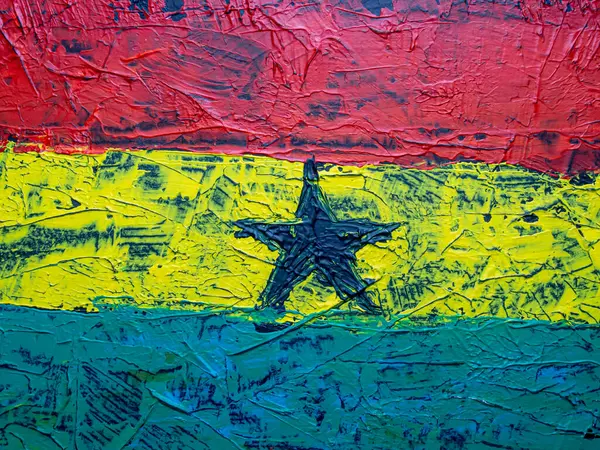 Gana. Fırça boyalı bayrak, Gana Cumhuriyeti 'nin el yapımı bayrağı. Donmuş suluboya Gana Cumhuriyeti bayrağını boyadı. Tablo üzerinde soyut akrilik resim.