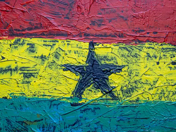 Gana. Fırça boyalı bayrak, Gana Cumhuriyeti 'nin el yapımı bayrağı. Donmuş suluboya Gana Cumhuriyeti bayrağını boyadı. Tablo üzerinde soyut akrilik resim.