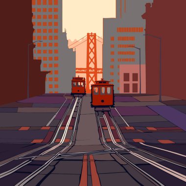 San Francisco sokaklarında teleferik sistemi var. Kuzey Amerika, ABD, Kaliforniya 'da bir şehir. Oakland Bay Köprüsü. Sanatçı tarafından oluşturulan vektör grafik, illüstrasyon.