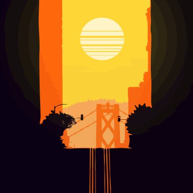 San Francisco sokakları. Kuzey Amerika, ABD, Kaliforniya 'da bir şehir. Oakland Bay Köprüsü. Sanatçı tarafından oluşturulan vektör grafik, illüstrasyon.