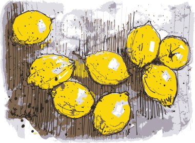 Vektör grafik, limonlar masada, suluboya kağıt üzerinde. Suluboya resim dokusu, limon çizimleri..