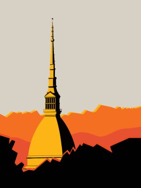 İtalya, Torino 'da günbatımı, kulesiyle. Vektör illüstrasyonu, Torino şehrinin sembolü.