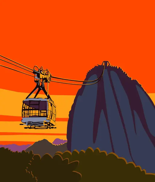 Rio 'daki Cableway' de. Teleferikli Sugar Loaf. Rio de Janeiro, Brezilya manzarası. Sanatçı tarafından oluşturulan vektör grafik, illüstrasyon.