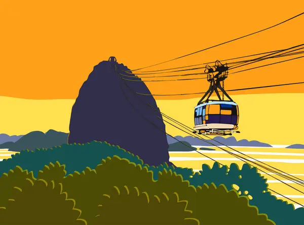 Rio 'daki Cableway' de. Teleferikli Sugar Loaf. Rio de Janeiro, Brezilya manzarası. Sanatçı tarafından oluşturulan vektör grafik, illüstrasyon.