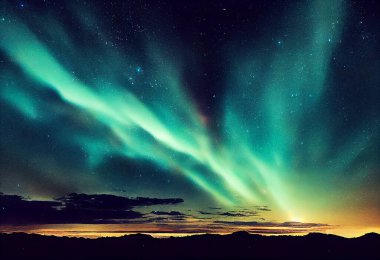 Güzel kuzey ışıklarının manzarası, renkli ve yeşil renkler, gece ışığı ve aurora borealis ile aydınlatılmış..