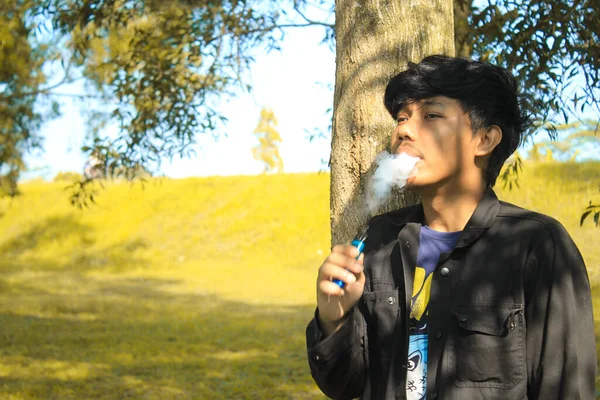 リラックスした若いアジアの男は 木や牧草地の背景と雲や霧を生成する翼のポッドシステムを吹いている 黒のジャケットを着た若い男が煙の代わりに電子タバコを楽しんでいます — ストック写真