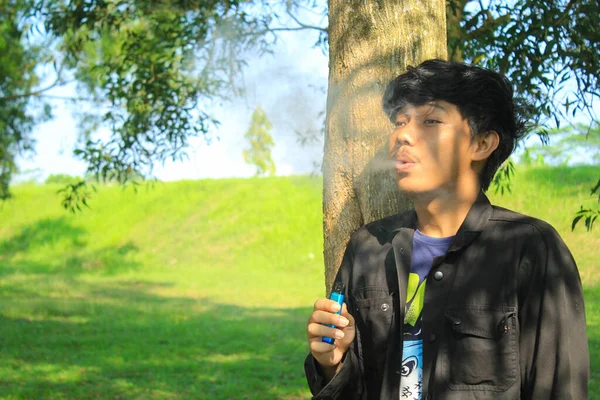 Rahat Genç Asyalı Adam Vape Pod Sistemi Üflüyor Ağaçlı Arka — Stok fotoğraf