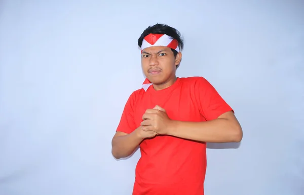 Joven Indonesio Enojado Levantando Las Manos Para Golpear Palma Con — Foto de Stock