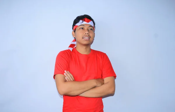 Indonesian Young Man Smiling Crossed Hands Wearing Red Shirt Headband — Stock Photo, Image