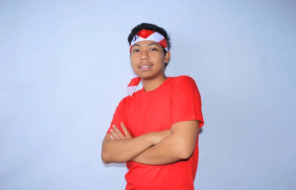 Indonesian Young Man Smiling Crossed Hands Wearing Red Shirt Indonesia — Stock Photo, Image