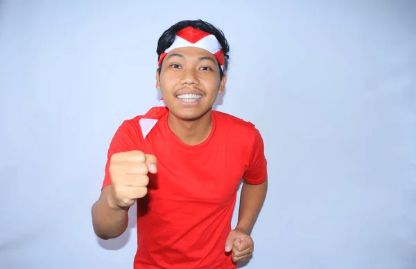 Happy Indonesian Young Man Running Pose Smiling Face Get Discount — Stock Photo, Image