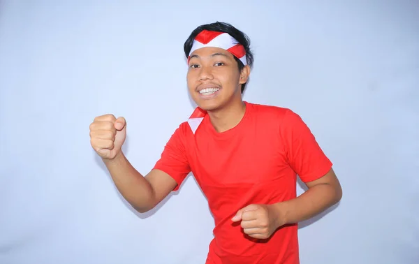 Happy Indonesian Young Man Running Pose Smiling Face Get Discount — Stock Photo, Image