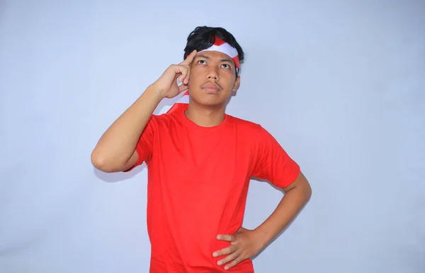 Endonezyalı Genç Adam Endonezya Nın Bağımsızlık Gününde Elleri Başının Üstünde — Stok fotoğraf