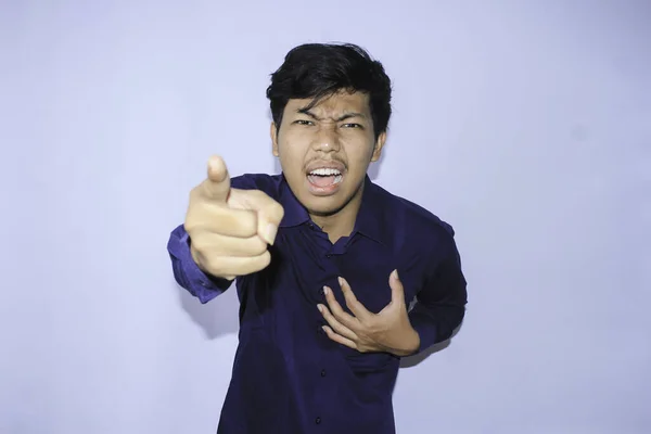 Frustated Asian Young Businessman Angry Face Pointing Finger Looking Camera — Stock Photo, Image