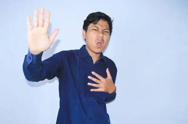 Hjärtinfarkt Överlevande Ung Asiatisk Man Skriker Nej Eller Wow Uttryck — Stockfoto