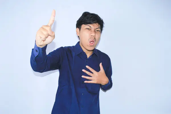 Amazed Young Asian Man Wow Face Expression Pointing Finger Successful — Stock Photo, Image