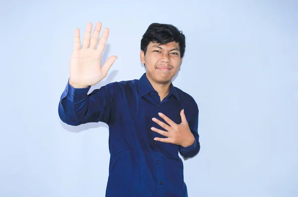 Smiling Asian Man Heart Attack Survivor Raised His Hands Stop — Stock Photo, Image