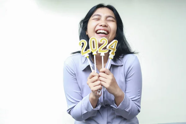 Szczęśliwy Azji Młoda Kobieta Nosić Szary Formalny Garnitur Śmiejąc Się Obraz Stockowy