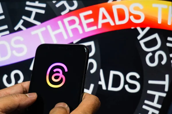 stock image Jakarta, Indonesia, July 12, 2023: threads app logo is visible on the screen. The new application from Meta Platforms is a competitor to Twitter.