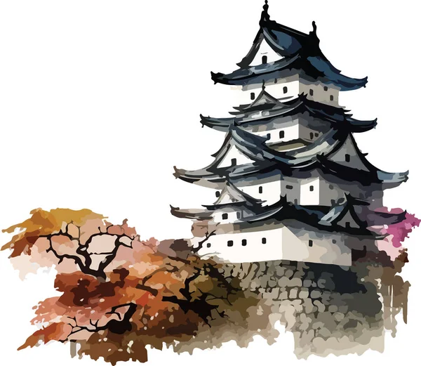 Colored Japanese Temple Vector Print Illustration — Stock Vector