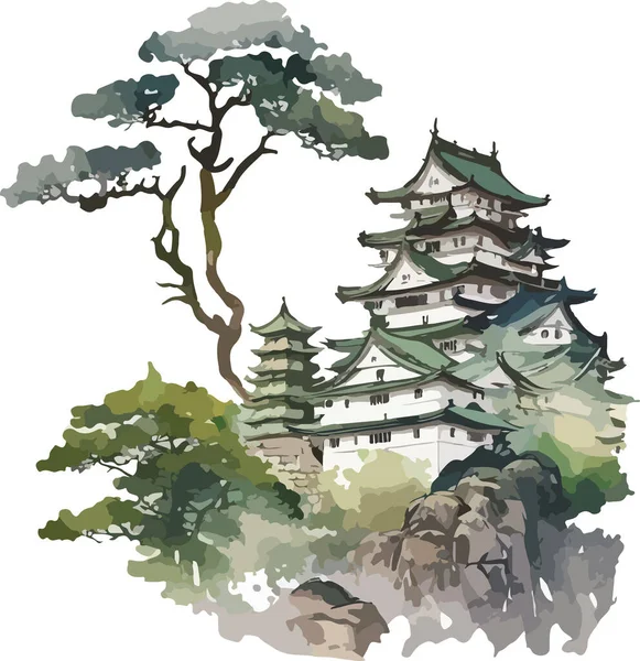 Templo Japonês Colorido Vetor Impressão Ilustração —  Vetores de Stock