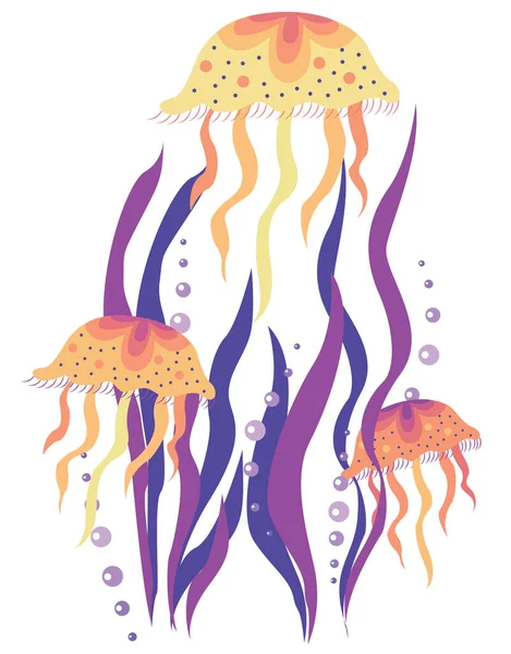 水母和珊瑚图解 动物和动物的设计 海底背景 海洋生物 矢量漫画 — 图库照片