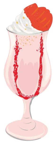 イチゴとホイップクリームとピンクのミルクシェイク 白い背景のベクトル分離画像 — ストックベクタ