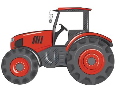 Çiftçilik ve tarım endüstrisi için kırmızı traktör. Hasat ve tarla işi için ideal. Vektör illüstrasyonu.
