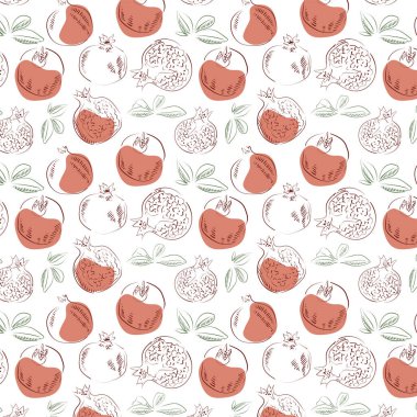 Nar aromalı meyve ve yaprak deseni. Kağıt, kapak, kumaş, iç dekorasyon ve kozmetik için modern egzotik tasarım.