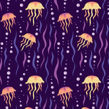 Baloncuklar arasında deniz anası ve yosunlu desen. Deniz altı dünyası. Kumaş, tekstil, duvar kâğıdı, kartlar için koyu arkaplanda tekrarlayan desen.