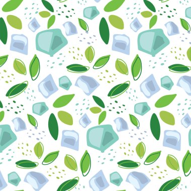 Yeşil nane ve buz kalıplı, düz şekilli soyut desen. Vektör arkaplanı. Taze, pürüzsüz desen. Yaz baskısı. Limonata duvar kağıdı.