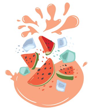 Olgun karpuz ve meyve suyuyla dolu buz küpleri. Organik meyve suyunun vektör çizimi. Doğal karpuz aromalı buzlu eko etiket konsepti. Vape, juice, smoothie dizaynı.