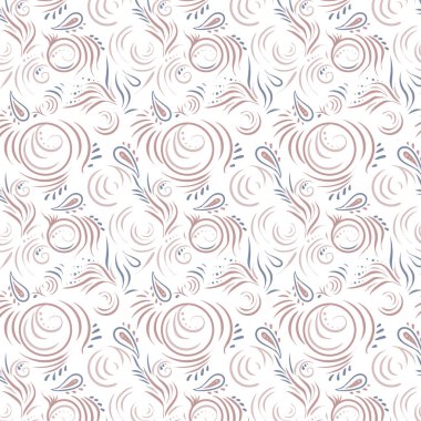 Beyaz arkaplanda soyut pembe desen, boho tarzı ya da geleneksel süs olarak. Doğulu ve Slav motifli kusursuz vektör deseni. Kumaş, ambalaj kağıdı, giysi, iç dekorasyon için.