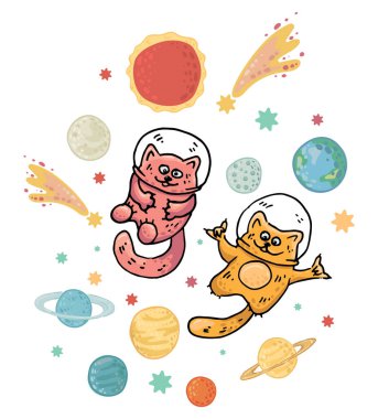 Gezegenler, asteroitler ve yıldızlar arasında kedi astronotlarla dolu bir uzay. Galaksi ve hayvanlar uzayda. Duvar kağıdı, giysi, pijama, kart ve dekorasyon için vektör resmi.