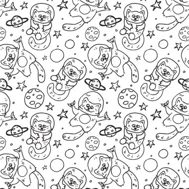 Uzayda kedi astronotlarla kusursuz bir düzen. Işık arkaplan üzerinde yıldızlar ve gezegenler olan desen. Çocuk yatağı ya da çocuk duvar kağıdı için..