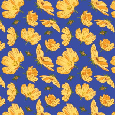 Mavi arka planda açan sarı kozmik çiçekler. Sarı çiçekli çiçek desenli. Kumaş, duvar kağıdı, dekorasyon, tekstil, ambalaj kağıdı için vektör arkaplanı.