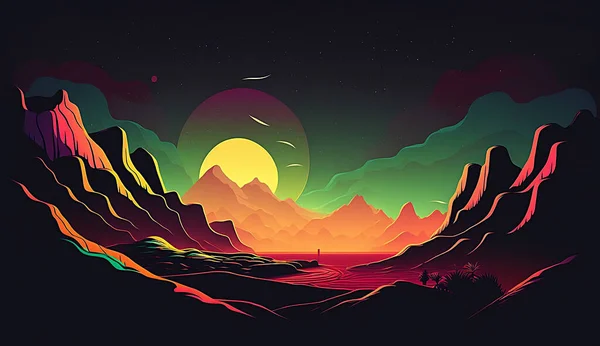 Neon night landscape with mountains
