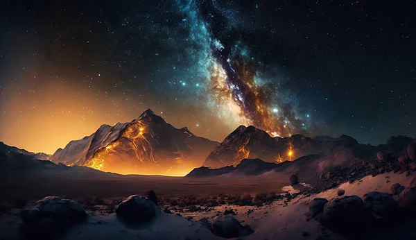 美丽的星云星系俯瞰着夜景群山 — 图库照片