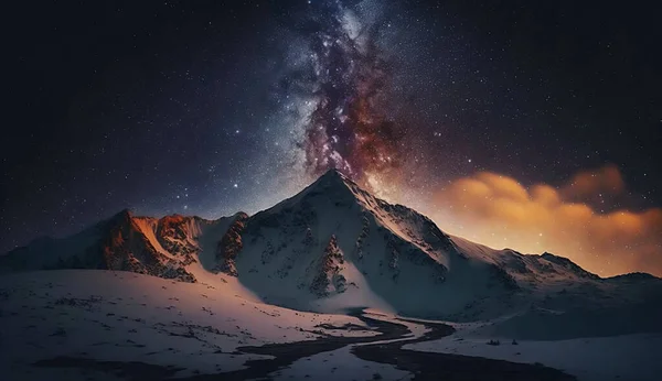 美丽的星云星系俯瞰着夜景群山 — 图库照片