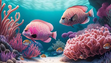 Tropikal balıklar ve mercan resifleri ile deniz arka planı