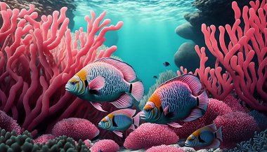 Tropikal balıklar ve mercan resifleri ile deniz arka planı
