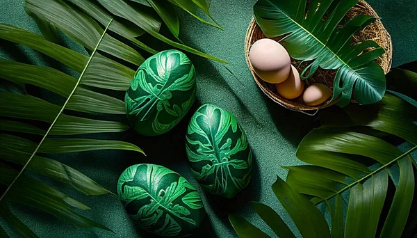 stock image Easter eggs on green background 