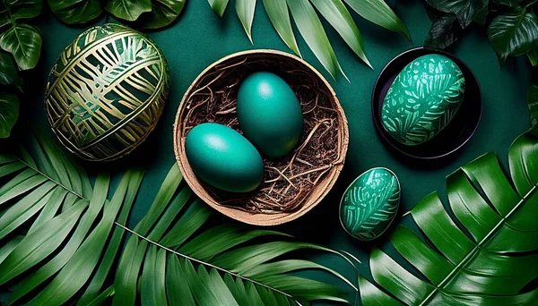 stock image Easter eggs on green background 