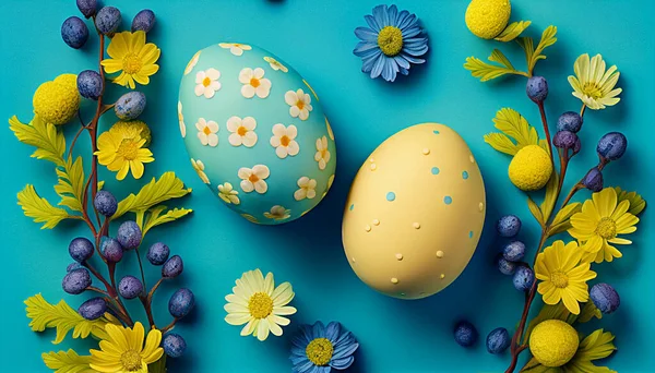 Великодні Яйця Жовтому Синьому Фоні — стокове фото