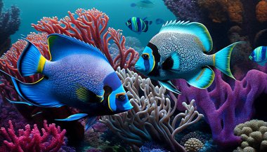 Tropikal balıklar ve mercan resifleri ile deniz arka planı