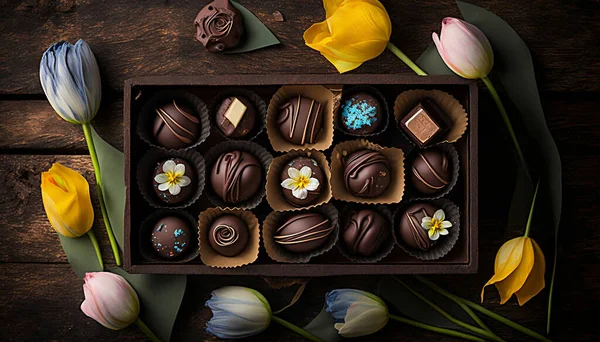 Sweet chocolate sweets and flowers