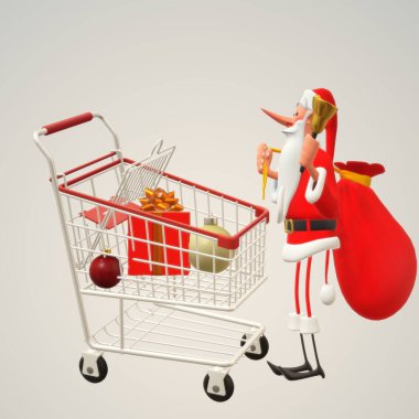 Noel Baba 'nın üç boyutlu resmi. Alışveriş arabası ve hediyeler.