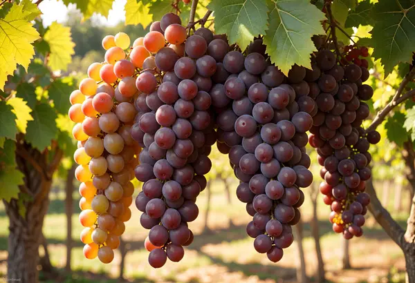 Güneşle sırılsıklam olmuş bir üzüm bağında, canlı olgun üzüm salkımları sarmaşıklardan sarkır, her dolgun meyvede yaz cömertliğinin zengin lezzetlerini vaat eder. Yüksek detay ve yoğun koyu kirazlar üzüm bağının canlı tasvirine eklenir.