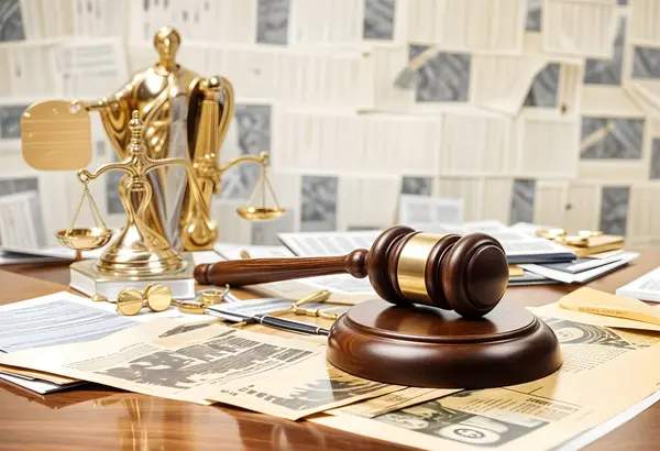 Klasik bir kara tahta tokmağı haciz ihbarnameleri, tapular ve yasal belgelerle süslenmiş dağınık bir masanın üzerinde duruyor. Öte yandan, loş aydınlatılmış mahkeme salonunda, yargıcın kürsüsü belli belirsiz görülebilir.